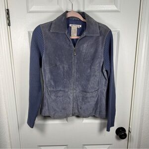 AMI Women's Blue Leather‎ Jacket with Knit Sleeves